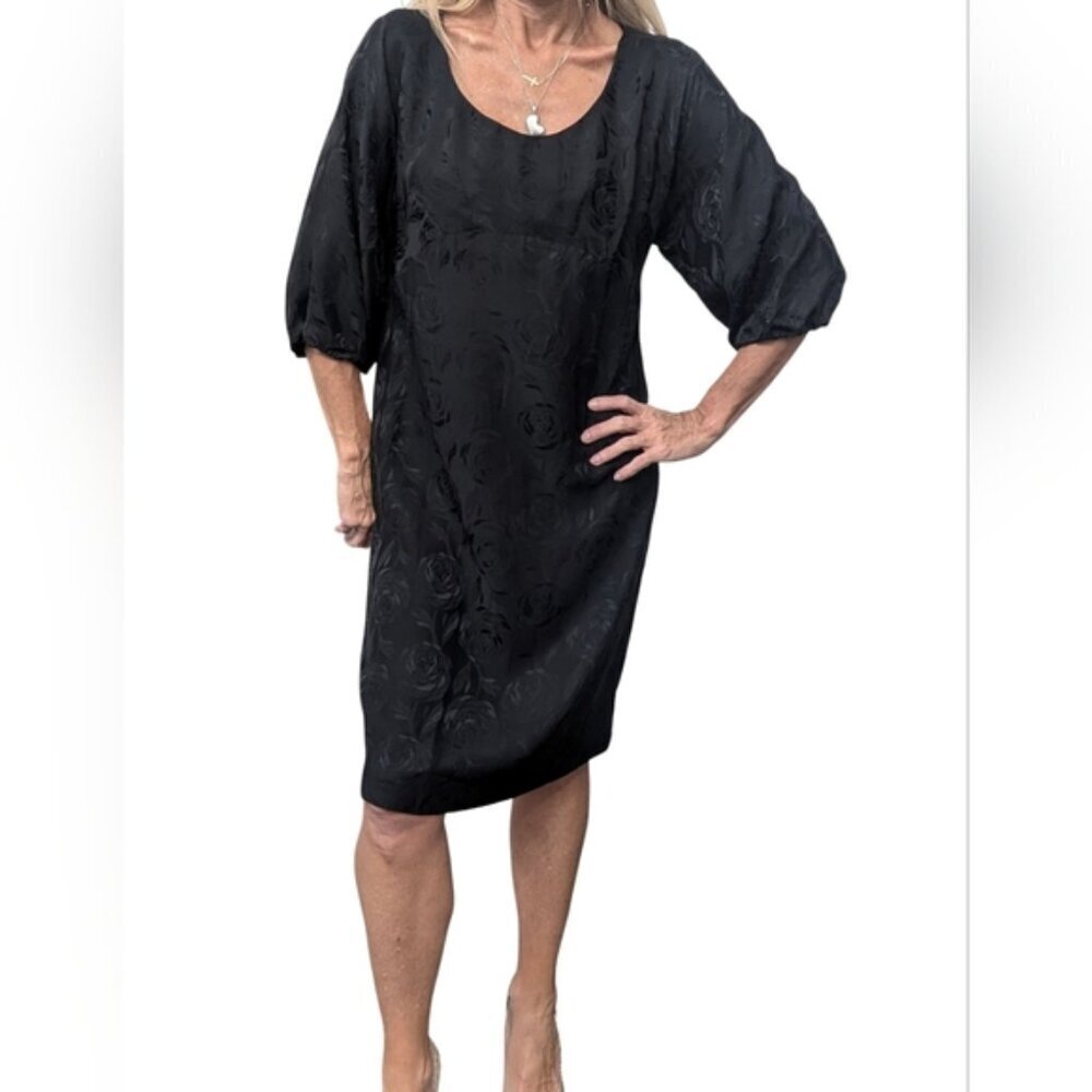 Vince 100% Silk Jacquard Shift Dress Black Balloon Sleeve Size S